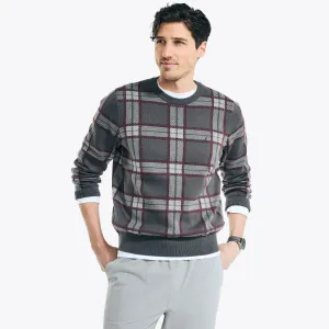 Nautica Men's Navtech Plaid Jacquard Crewneck Sweater Grey Carbon Nautica