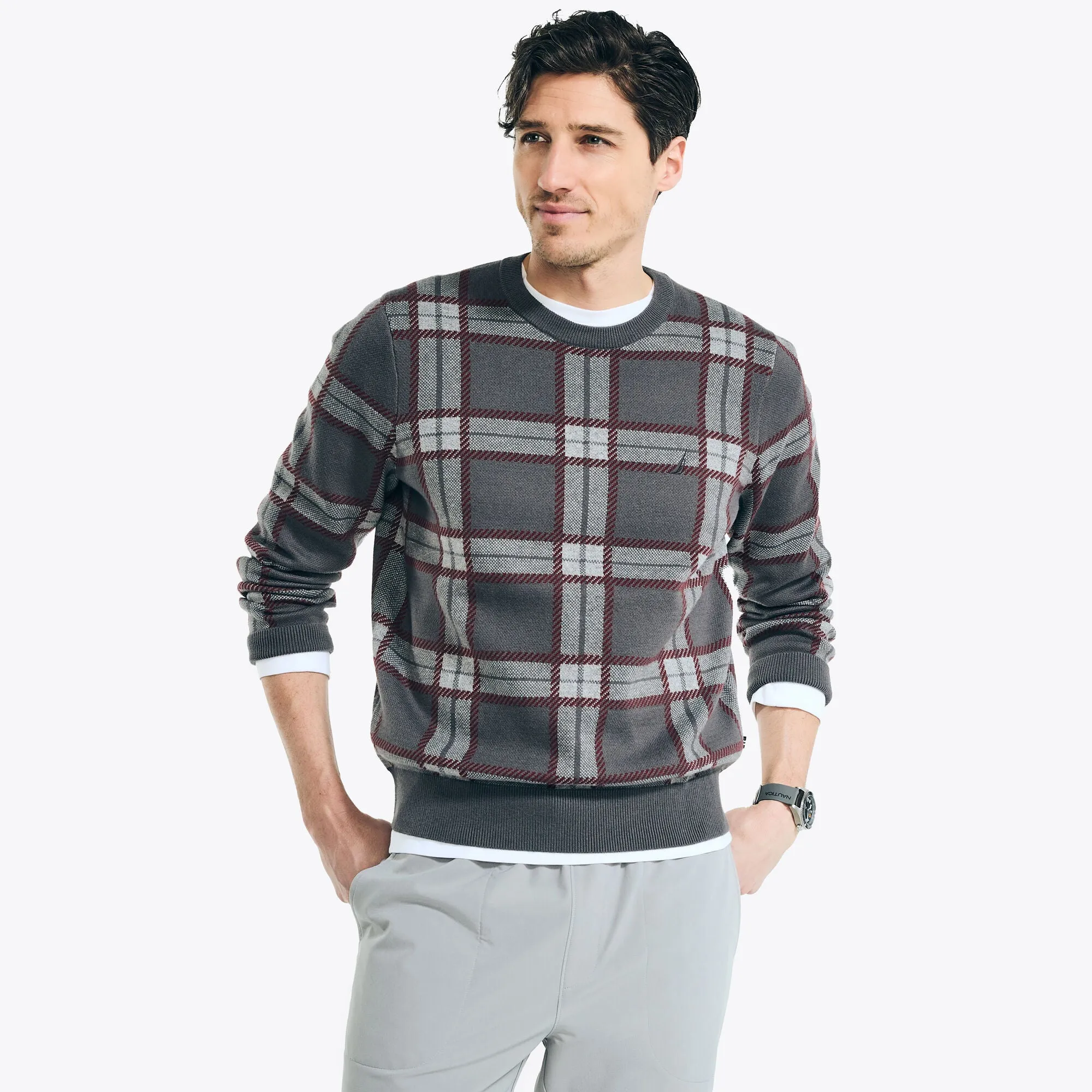 Nautica Men's Navtech Plaid Jacquard Crewneck Sweater Grey Carbon Nautica