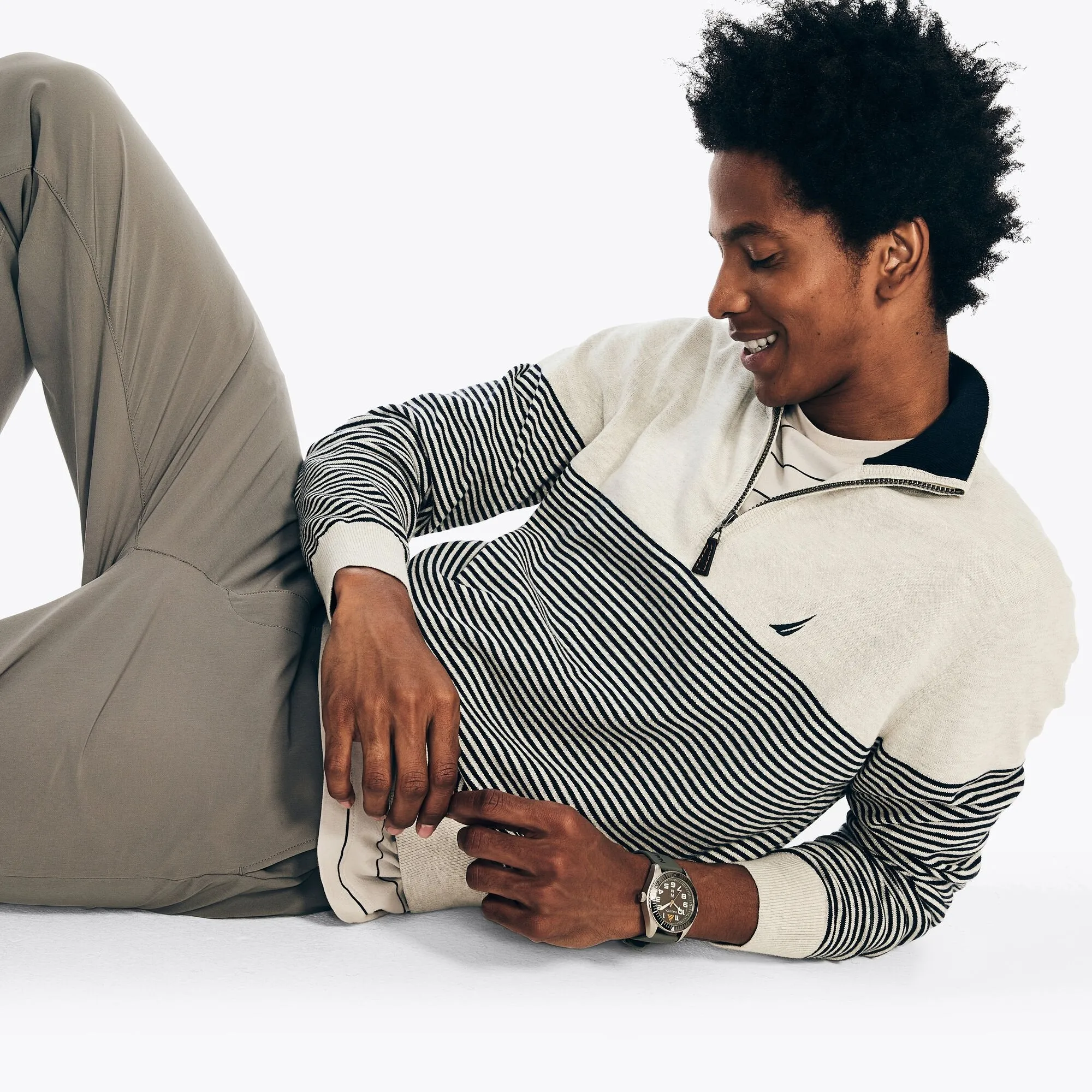 Nautica Men's Navtech Striped Quarter-Zip Sweater Snow White Nautica