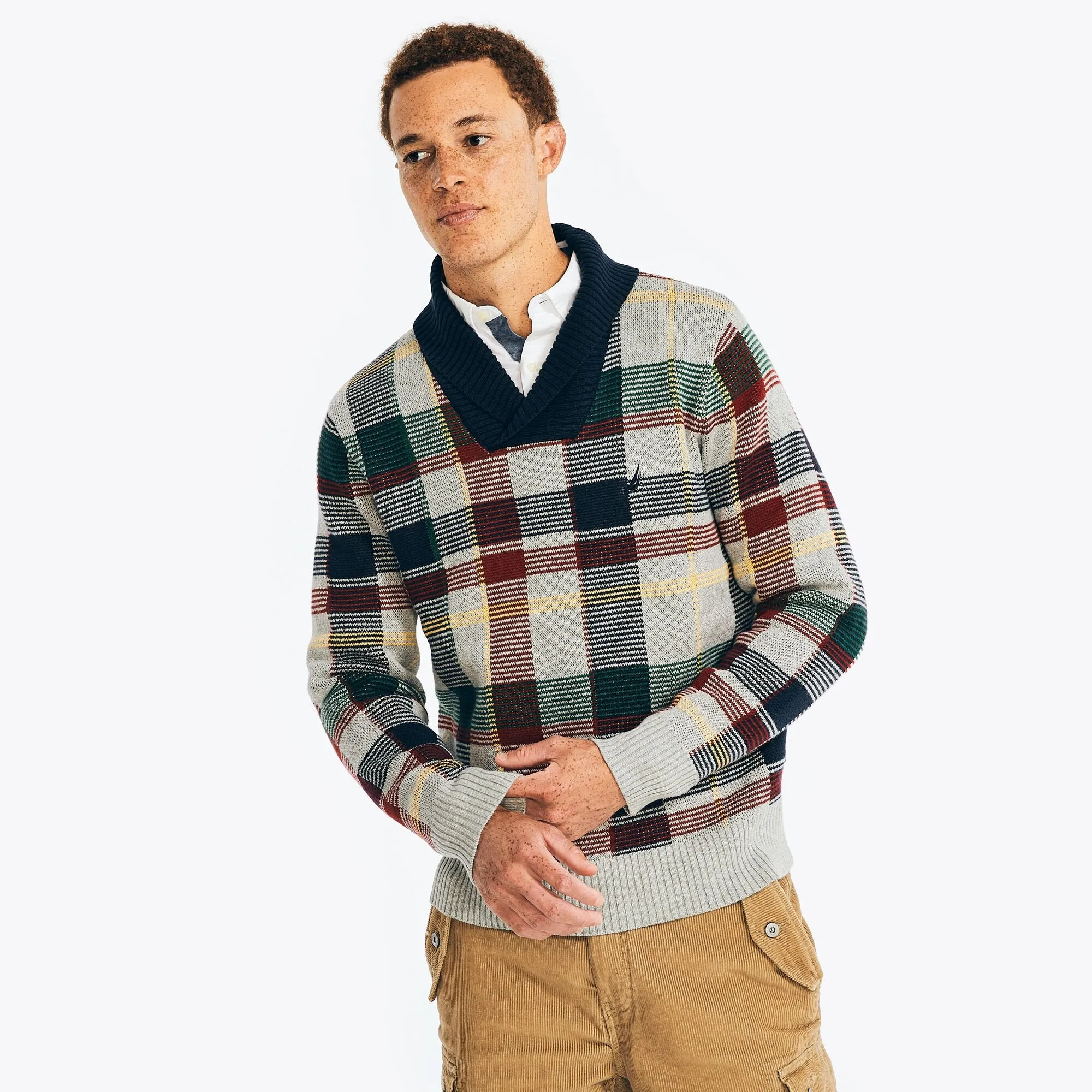Nautica Men's Shawl-Neck Plaid Sweater Navy Nautica