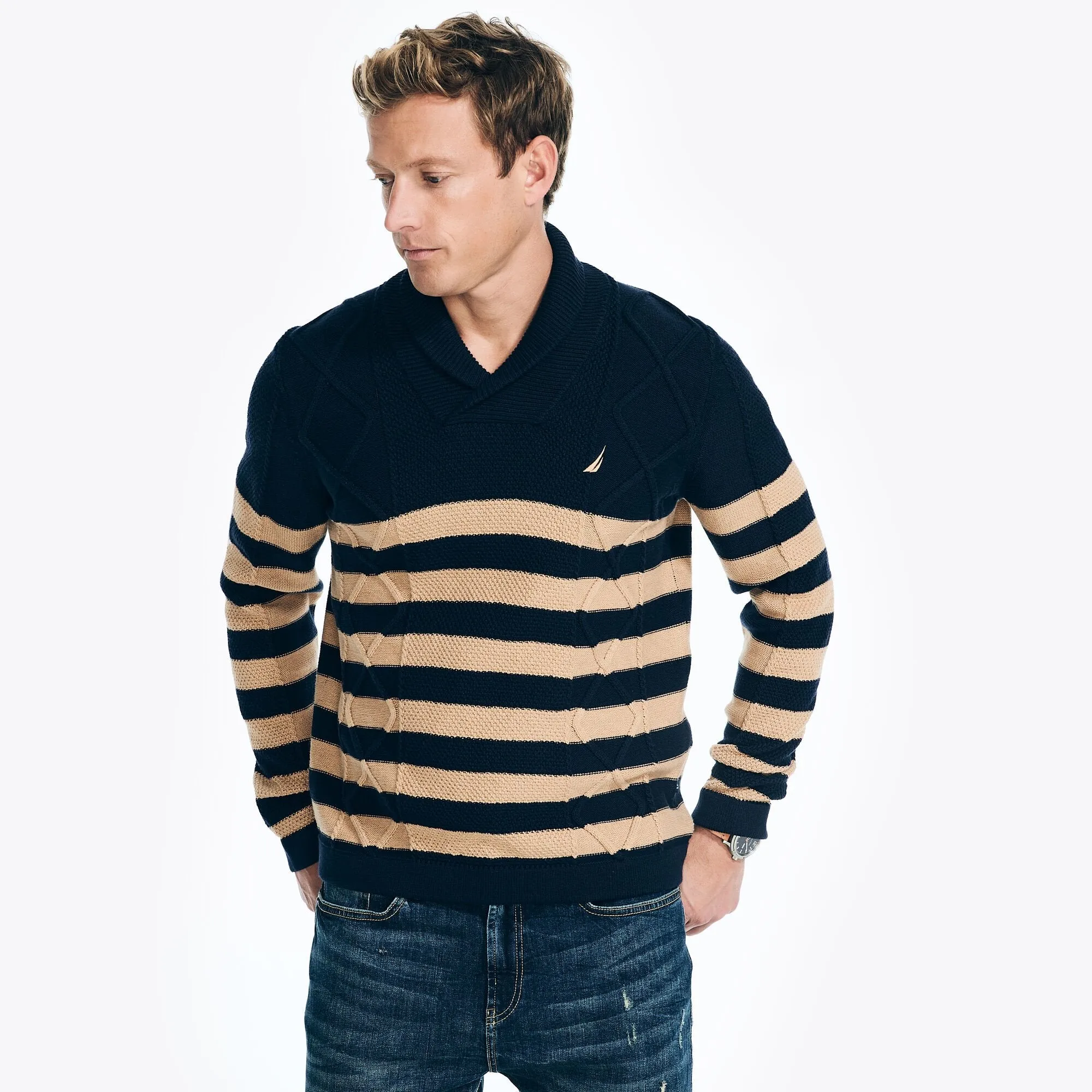 Nautica Men's Striped Cable-Knit Sweater Stellar Blue Heather Nautica