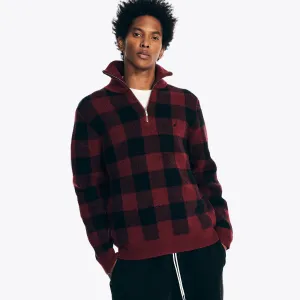 Nautica Men's Sustainably Crafted Buffalo Plaid Quarter-Zip Sweater Flamingo Nautica