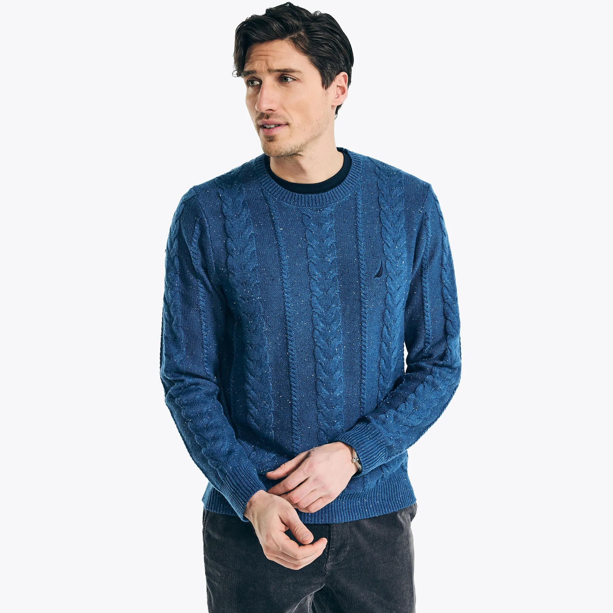 Nautica Men's Sustainably Crafted Cable-Knit Crewneck Sweater Nite Sea Heather Nautica