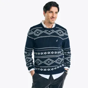 Nautica Men's Sustainably Crafted Fair Isle Jacquard Crewneck Sweater Stellar Blue Heather Nautica