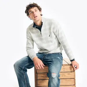 Nautica Men's Sustainably Crafted Quarter-Zip Plaid Sweater Grey Heather Nautica