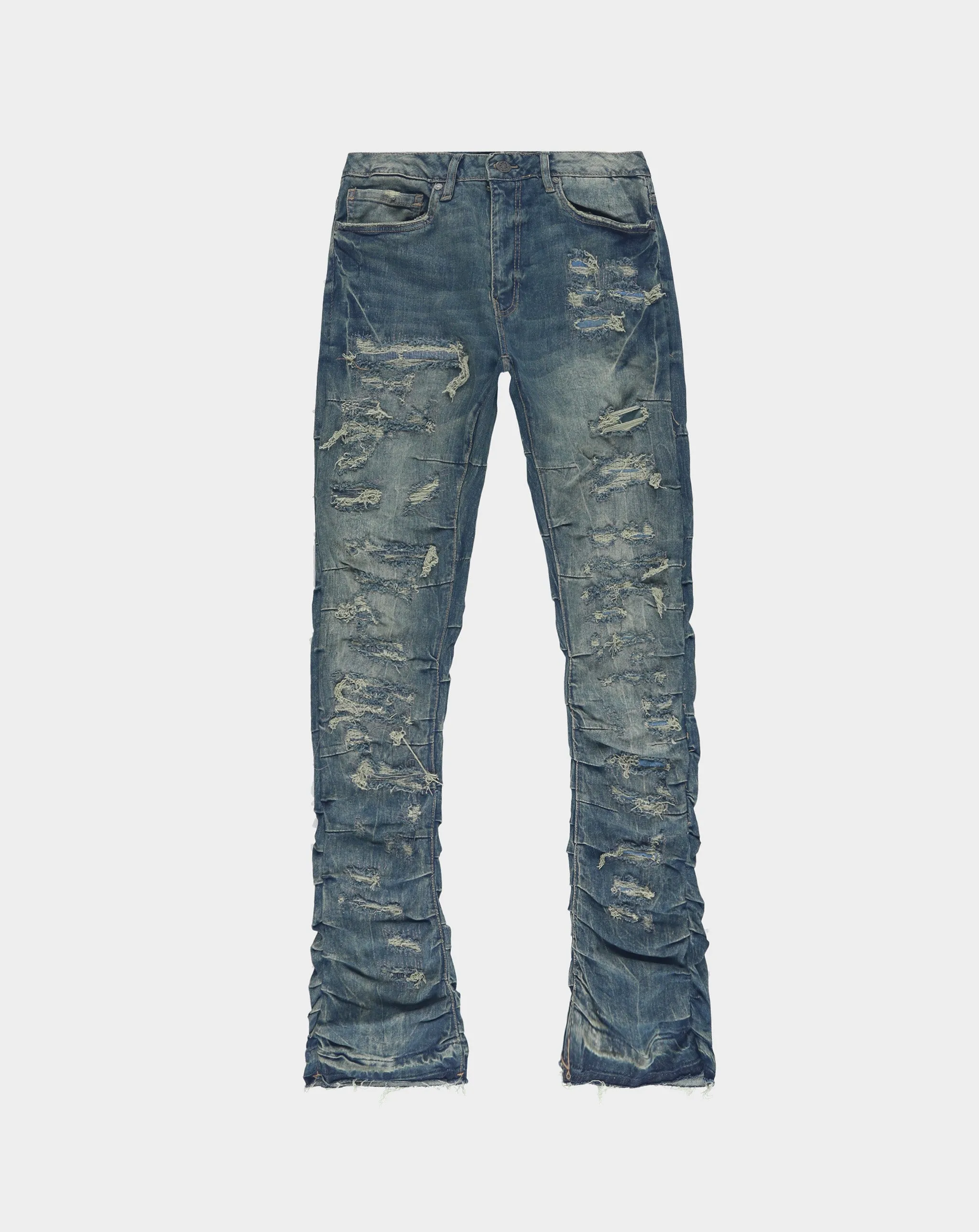 Pleated & Shredded Flare Jean
