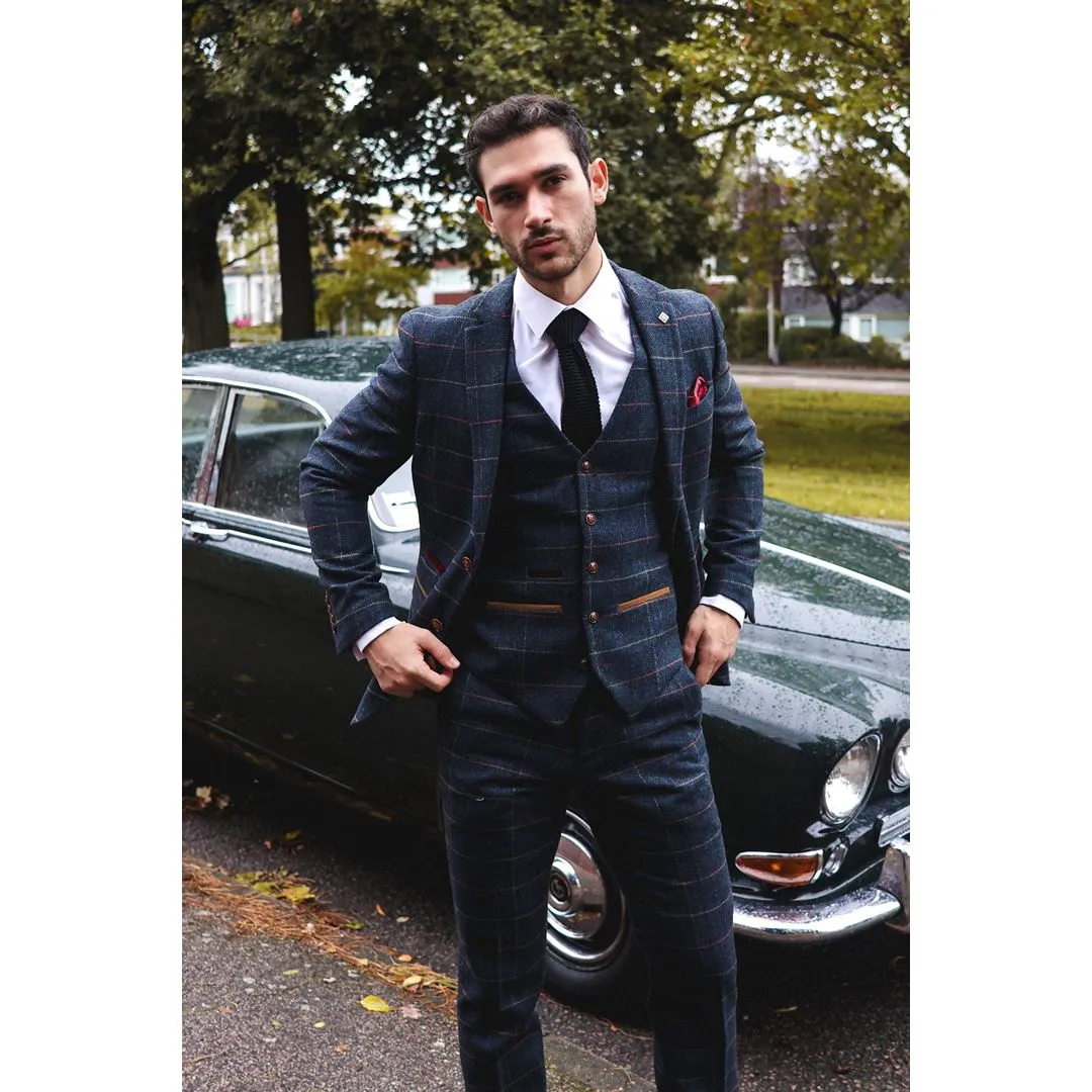 Thomas Navy 3 Piece Tweed Check Suit